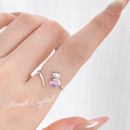 “Blush Kitty” S925 Sterling Silver Pink Heart Cat Open Adjustable Ring