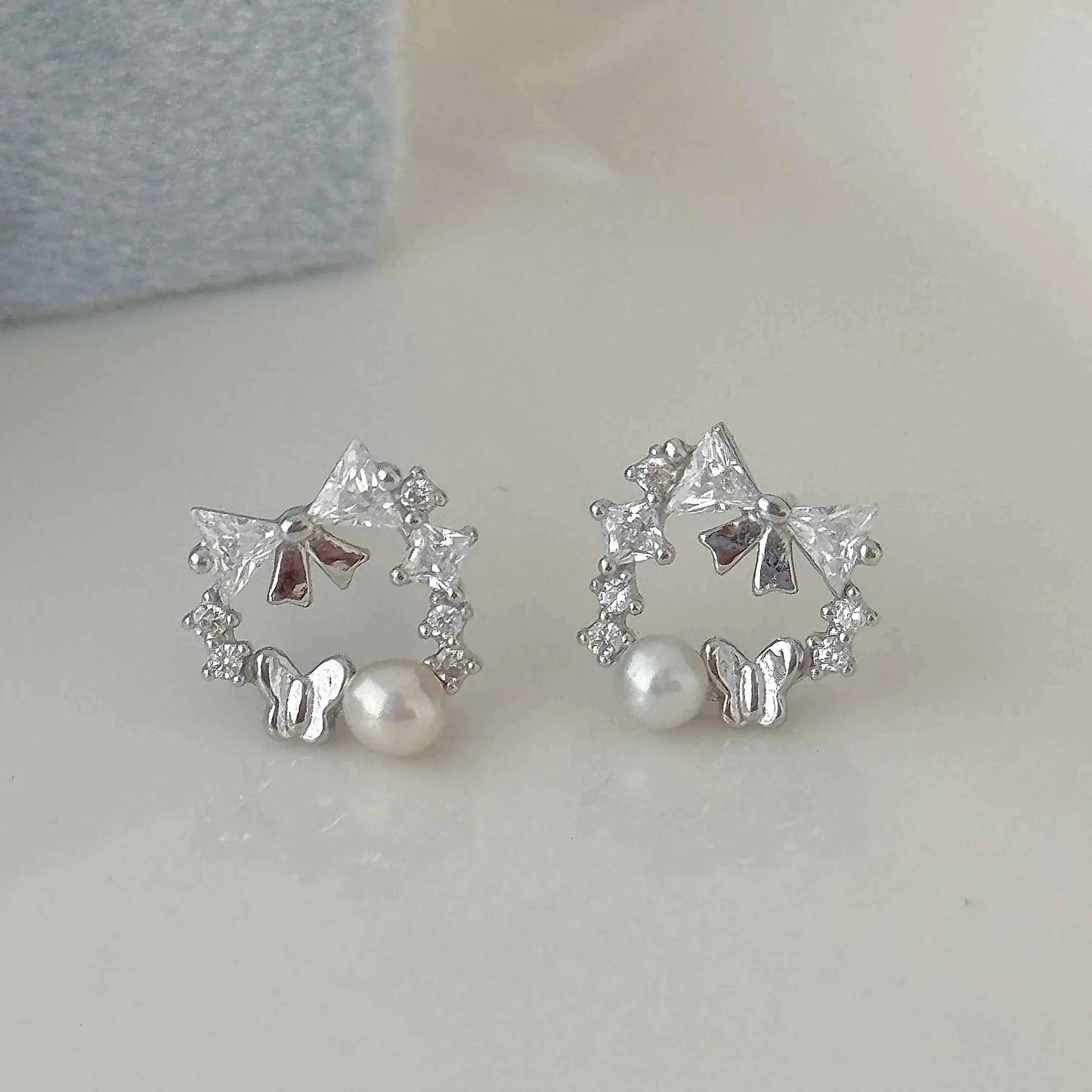 "Butterfly Dream" 925 Sterling Silver Butterfly Garland Freshwater Pearl Stud Earrings - Elegant and Unique