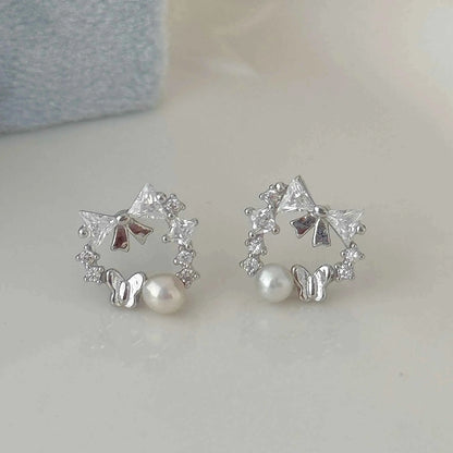 "Butterfly Dream" 925 Sterling Silver Butterfly Garland Freshwater Pearl Stud Earrings - Elegant and Unique