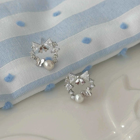 "Butterfly Dream" 925 Sterling Silver Butterfly Garland Freshwater Pearl Stud Earrings - Elegant and Unique