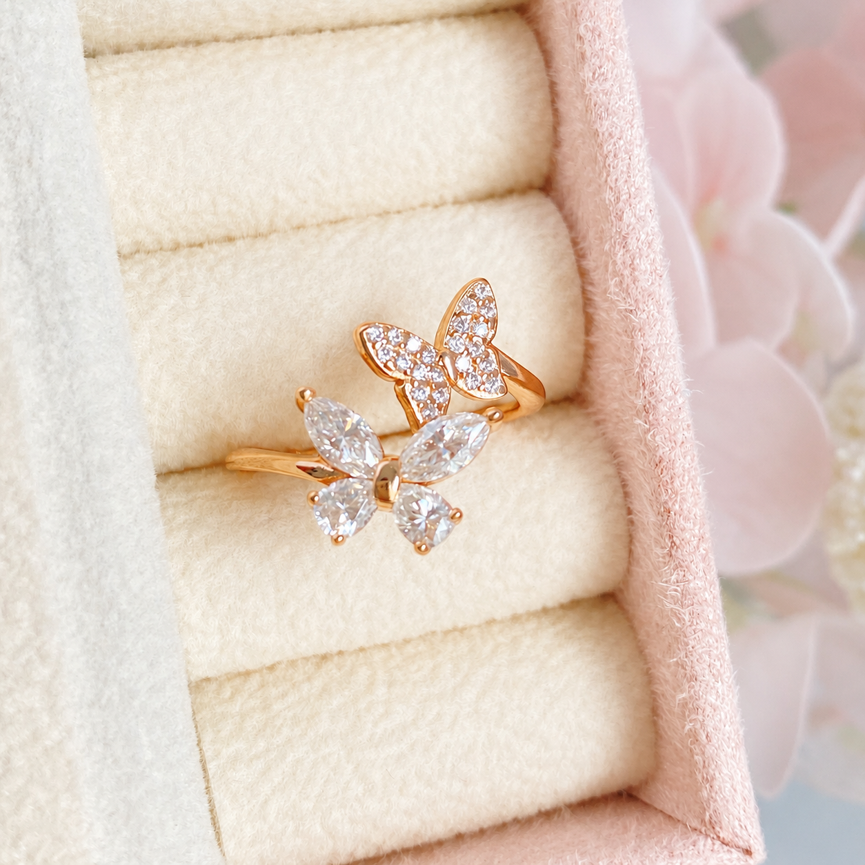 “Butterfly Éclat” Rose Gold Plated S925 Sterling Silver D-Color Moissanite Butterfly Ring