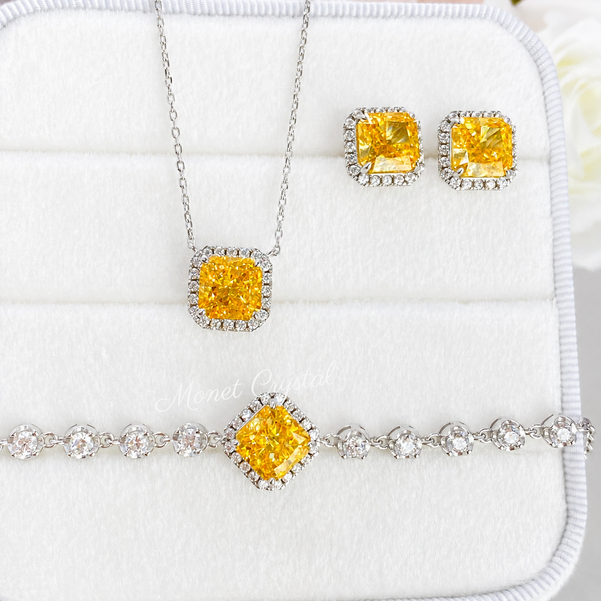 “Canary Ice” S925 Sterling Silver Yellow Radiant-Cut Jewelry Set