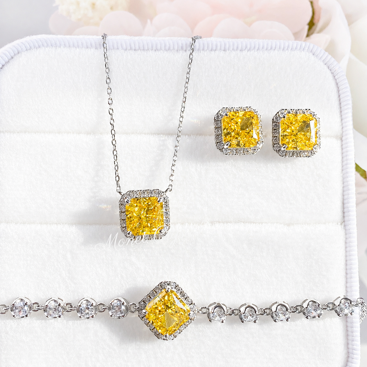 “Canary Ice” S925 Sterling Silver Yellow Radiant-Cut Jewelry Set