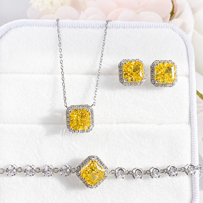 “Canary Ice” S925 Sterling Silver Yellow Radiant-Cut Jewelry Set