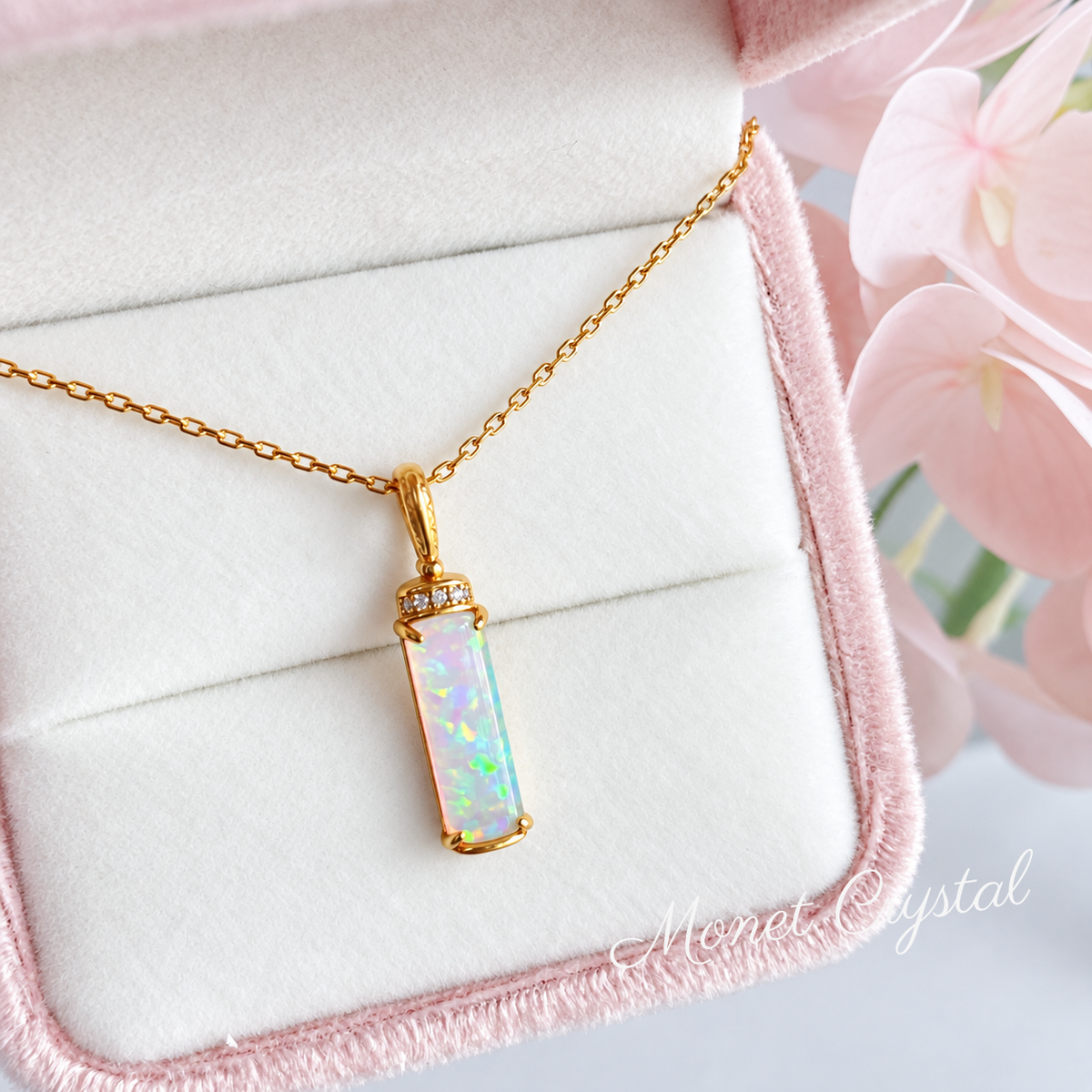 “Captured Light” 10K Gold Plated S925 Sterling Silver Opal Necklace