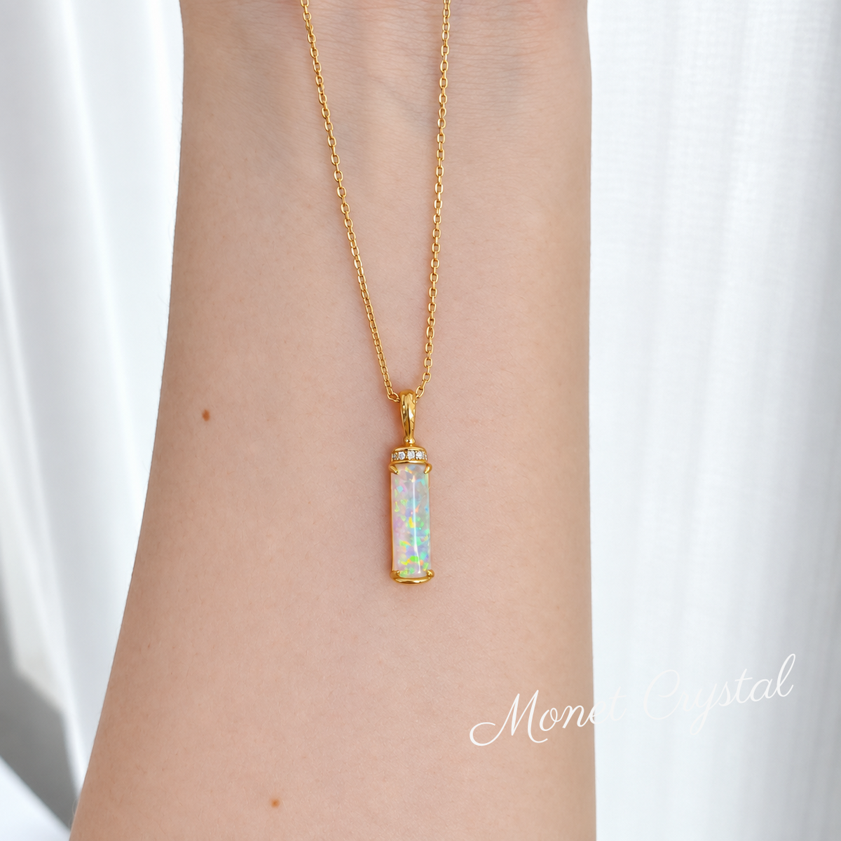 “Captured Light” 10K Gold Plated S925 Sterling Silver Opal Necklace