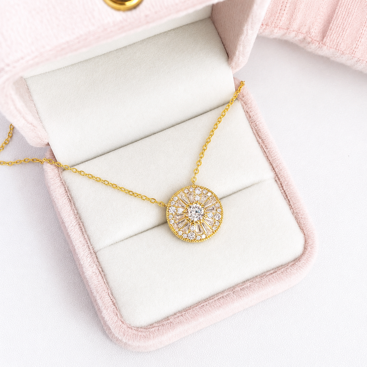 “Solar Radiance” K Gold Plated Brass Moissanite Round Pendant Necklace