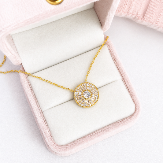 “Solar Radiance” K Gold Plated Brass Moissanite Round Pendant Necklace