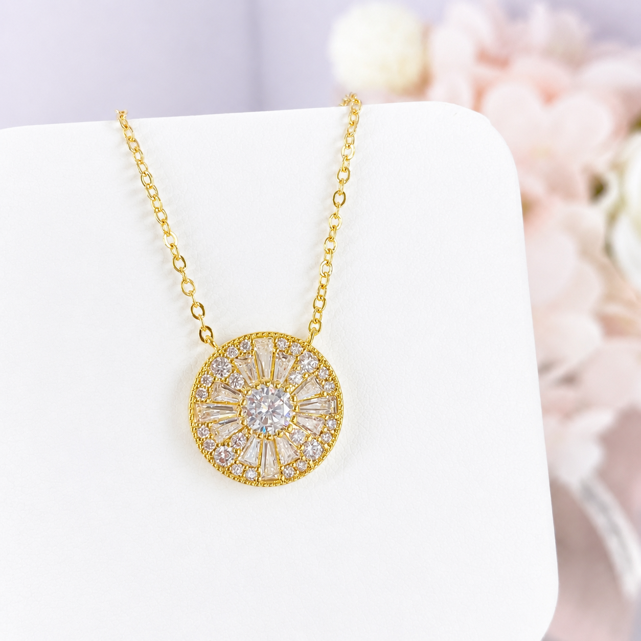 “Solar Radiance” K Gold Plated Brass Moissanite Round Pendant Necklace