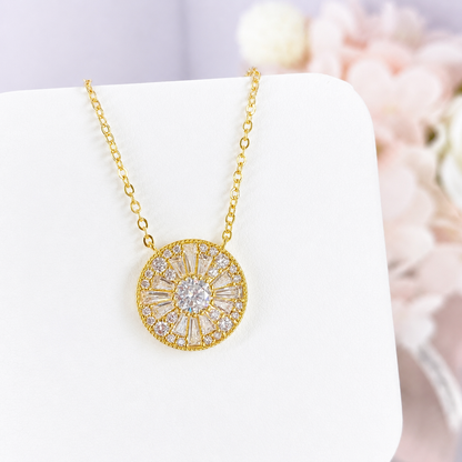 “Solar Radiance” K Gold Plated Brass Moissanite Round Pendant Necklace