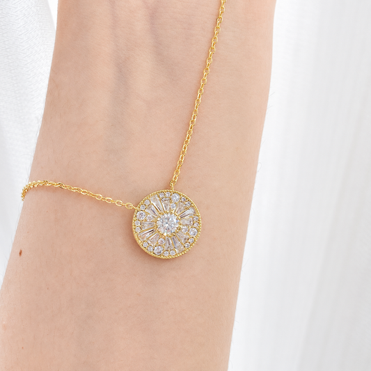 “Solar Radiance” K Gold Plated Brass Moissanite Round Pendant Necklace