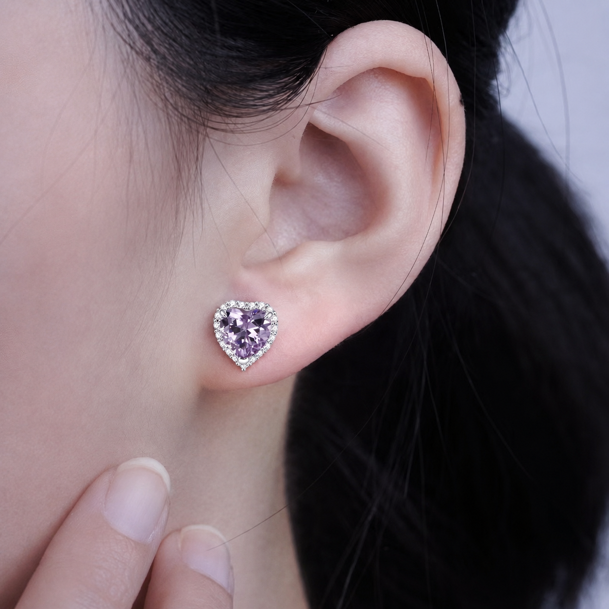 “Lavender Heart” S925 Sterling Silver Heart Stud Earrings
