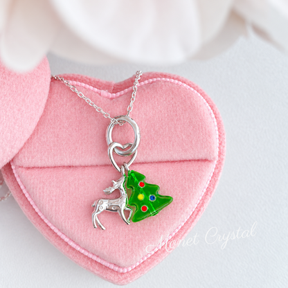 “Christmas Scene” White Gold Plated S925 Sterling Silver Reindeer & Christmas Tree Necklace