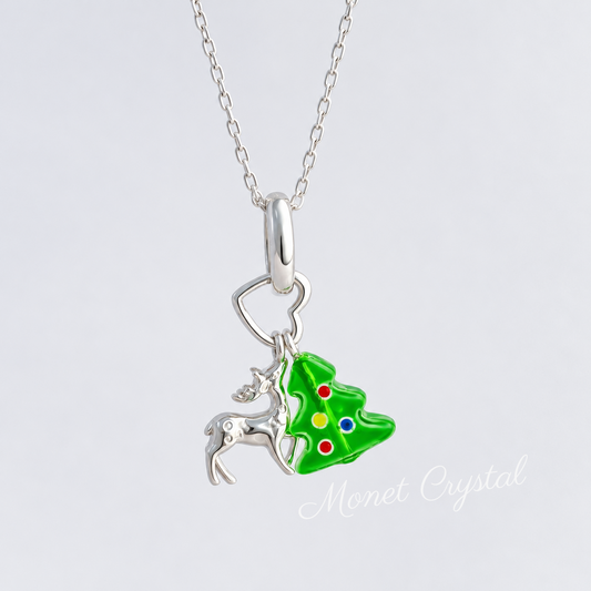 “Christmas Scene” White Gold Plated S925 Sterling Silver Reindeer & Christmas Tree Necklace
