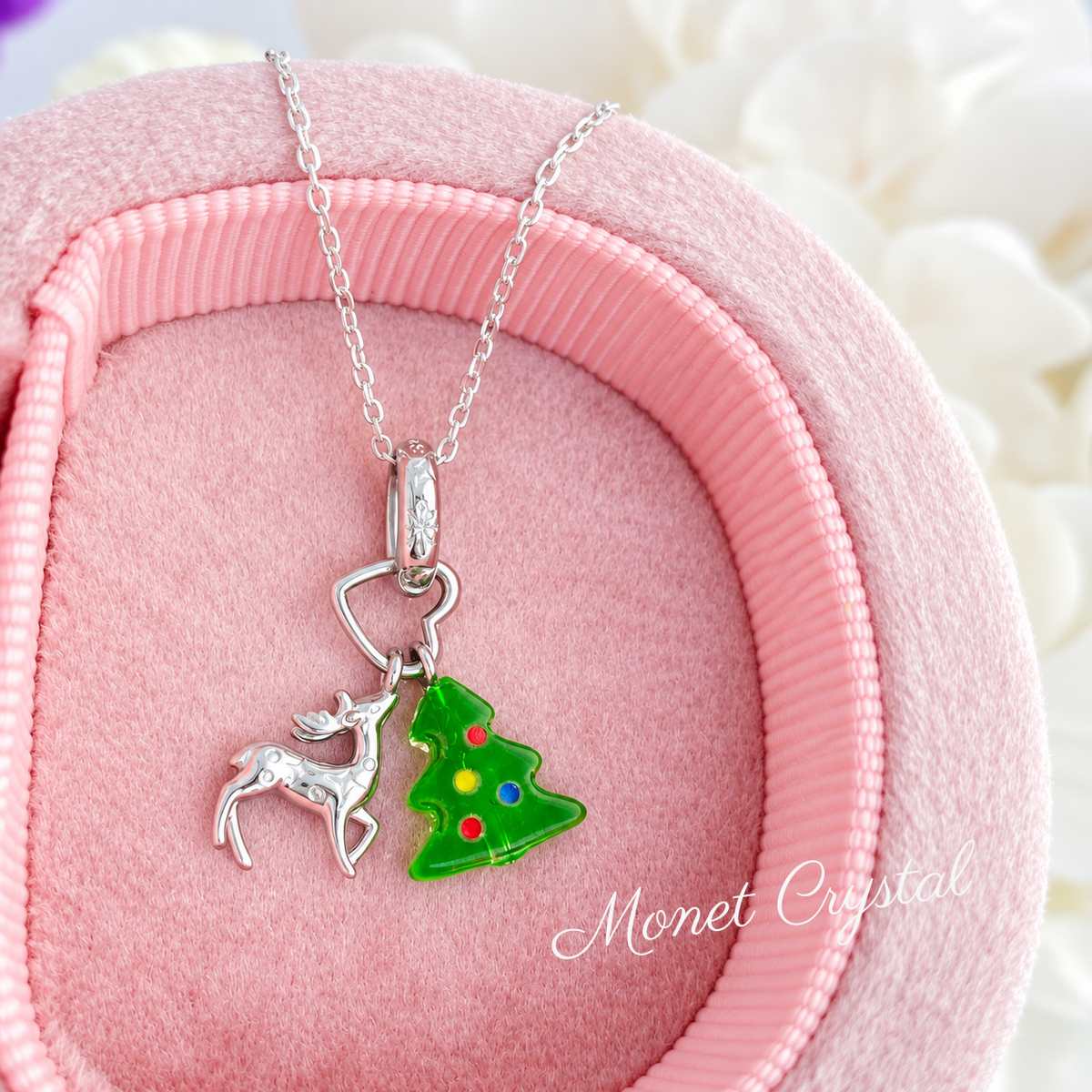 “Christmas Scene” White Gold Plated S925 Sterling Silver Reindeer & Christmas Tree Necklace