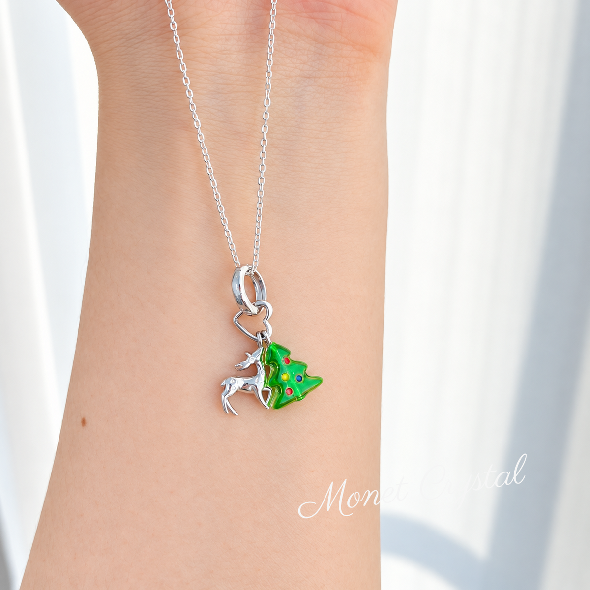 “Christmas Scene” White Gold Plated S925 Sterling Silver Reindeer & Christmas Tree Necklace
