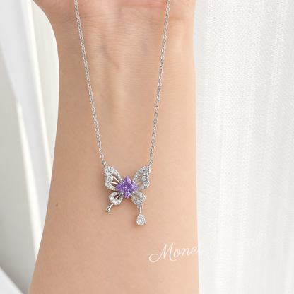 “Clover Flight” S925 Sterling Silver Clover Zircon Butterfly Necklace