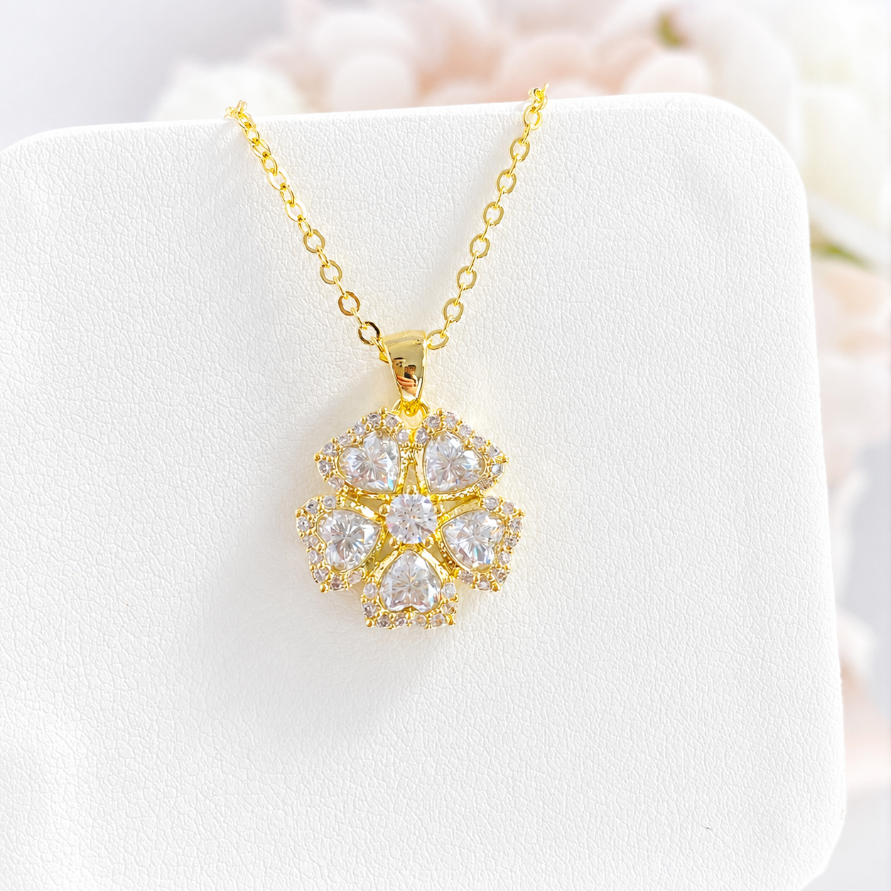 “Clover Lumière” Gold Plated Brass Moissanite Four-Leaf Clover Necklace