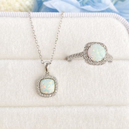 “Colorful Dream” S925 Sterling Silver Opal Zircon Ring & Necklace Set