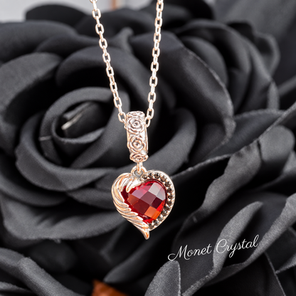“Crimson Embrace” S925 Sterling Silver Red Heart Zircon Winged Rose Necklace