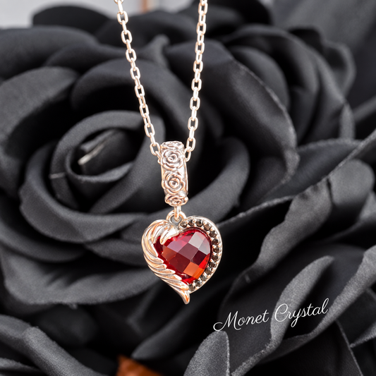 “Crimson Embrace” S925 Sterling Silver Red Heart Zircon Winged Rose Necklace