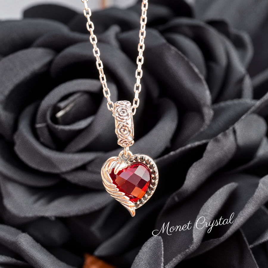 “Crimson Embrace” S925 Sterling Silver Red Heart Zircon Winged Rose Necklace