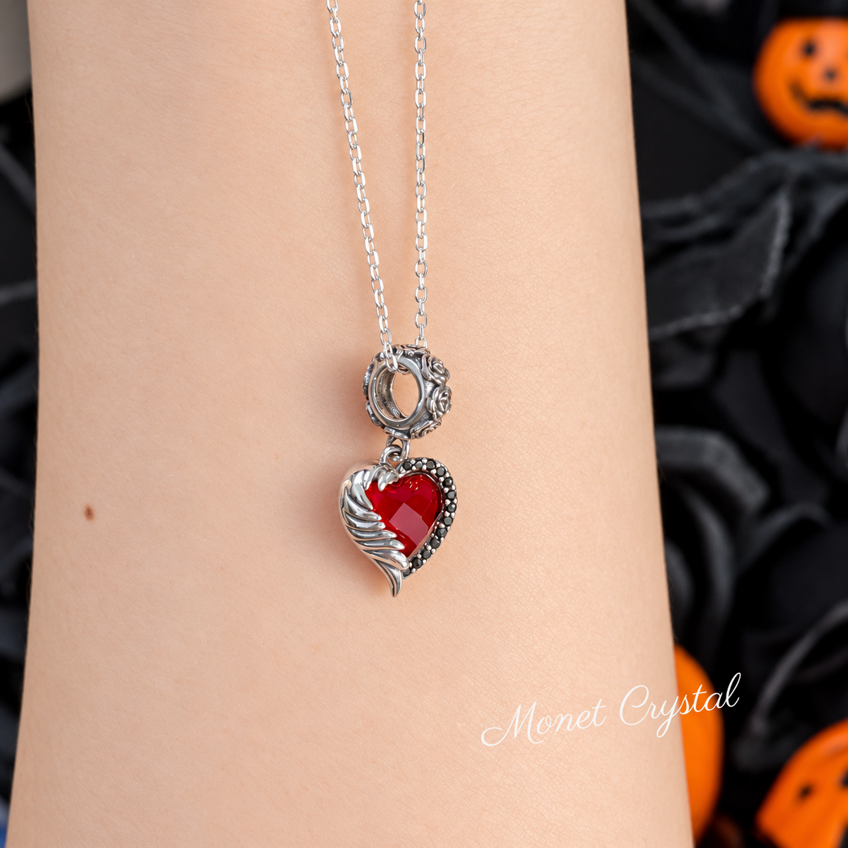 “Crimson Embrace” S925 Sterling Silver Red Heart Zircon Winged Rose Necklace