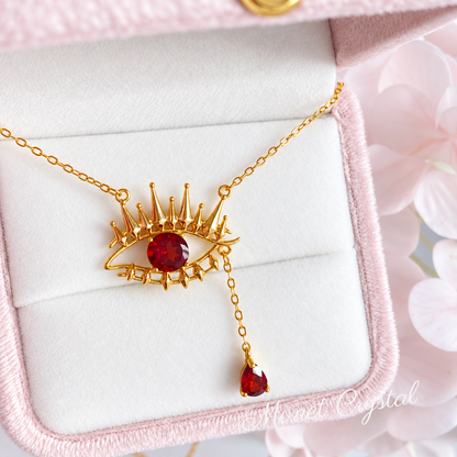 “Crimson Gaze” S925 Sterling Silver Natural Garnet Eye Necklace