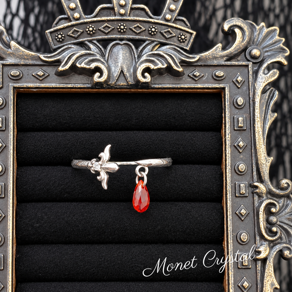 “Crimson Oath” S925 Sterling Silver Red Teardrop Zircon Sword Adjustable Ring