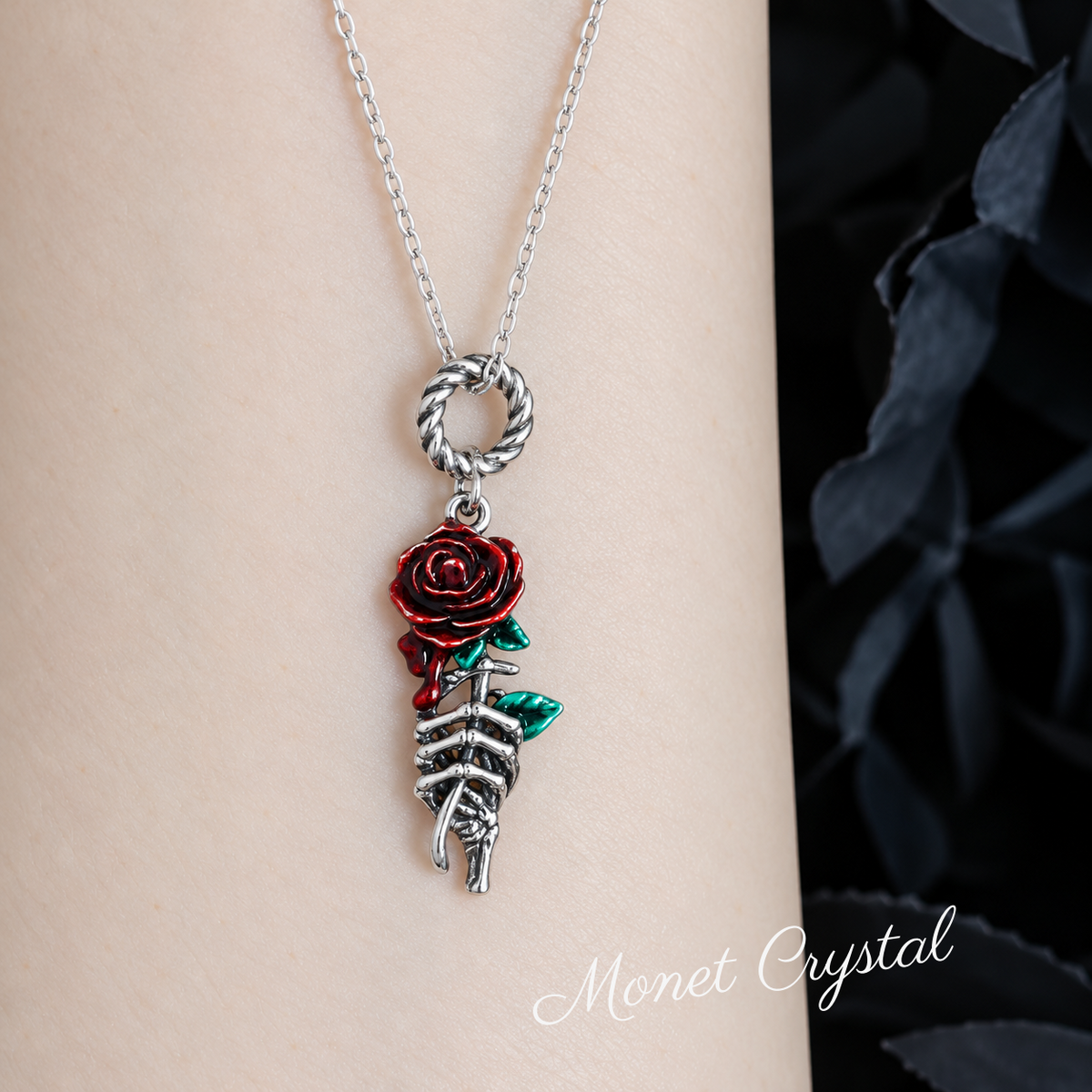 “Crimson Thorn” S925 Sterling Silver Enamel Rose Skeleton Hand Necklace