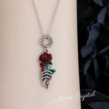 “Crimson Thorn” S925 Sterling Silver Enamel Rose Skeleton Hand Necklace