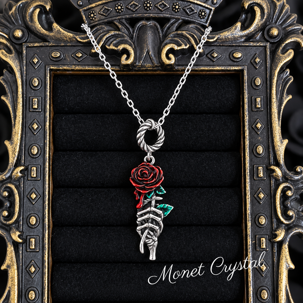 “Crimson Thorn” S925 Sterling Silver Enamel Rose Skeleton Hand Necklace