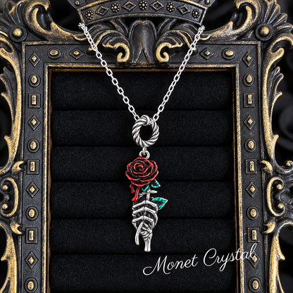 “Crimson Thorn” S925 Sterling Silver Enamel Rose Skeleton Hand Necklace
