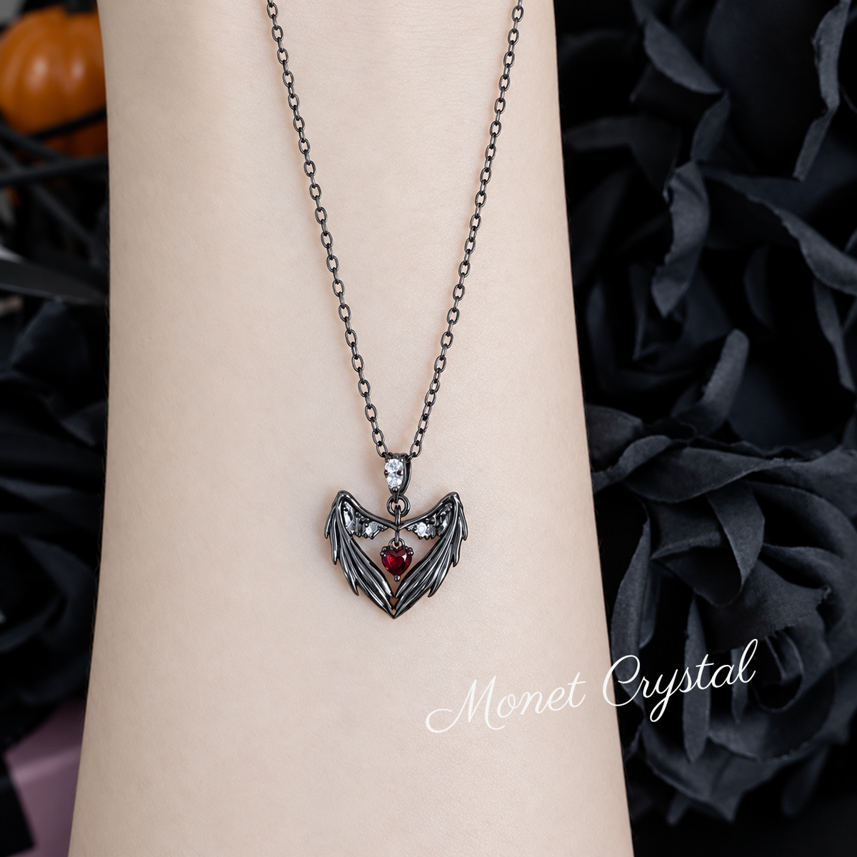 “Crimson Wings” Oxidized S925 Sterling Silver Red Heart Zircon Necklace