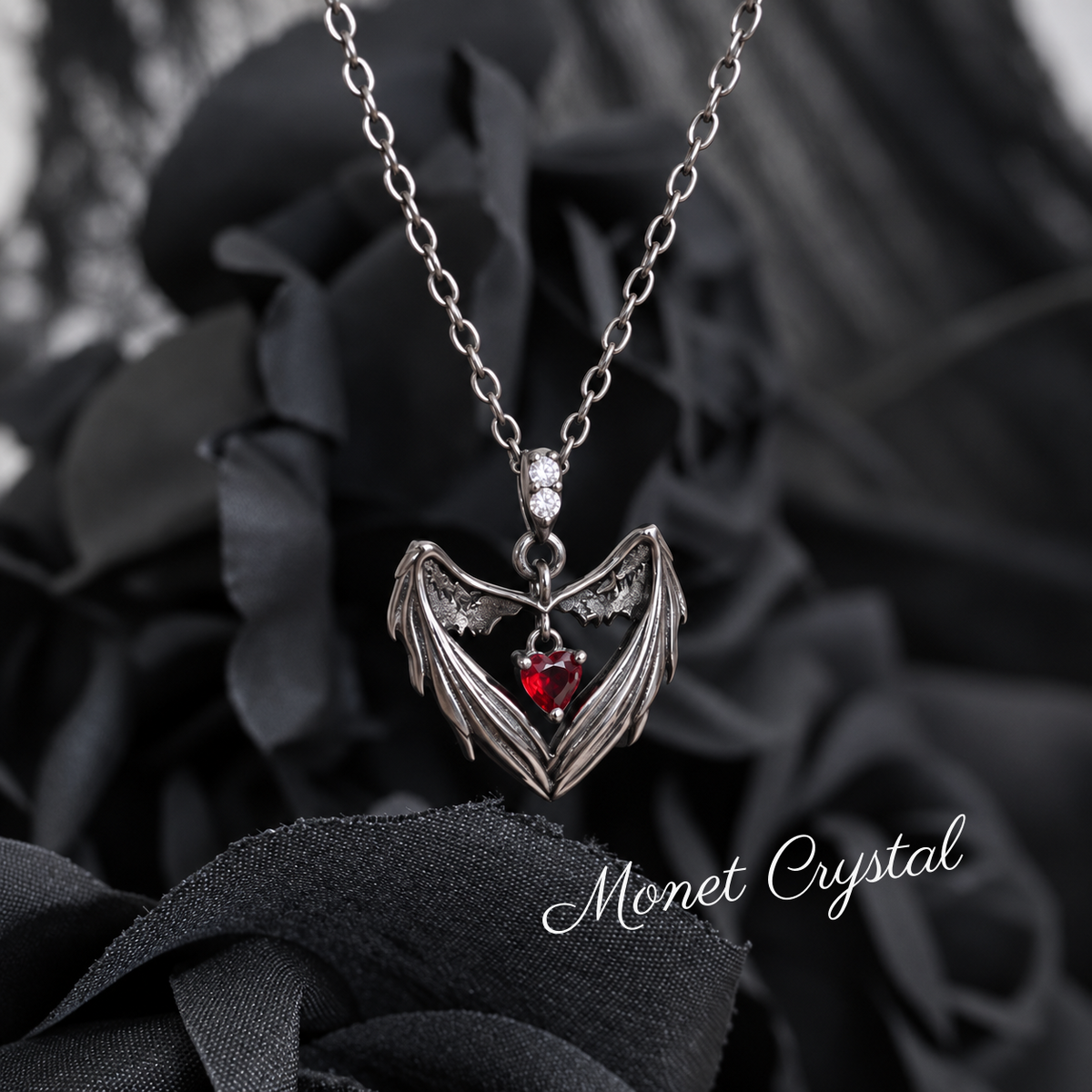 “Crimson Wings” Oxidized S925 Sterling Silver Red Heart Zircon Necklace
