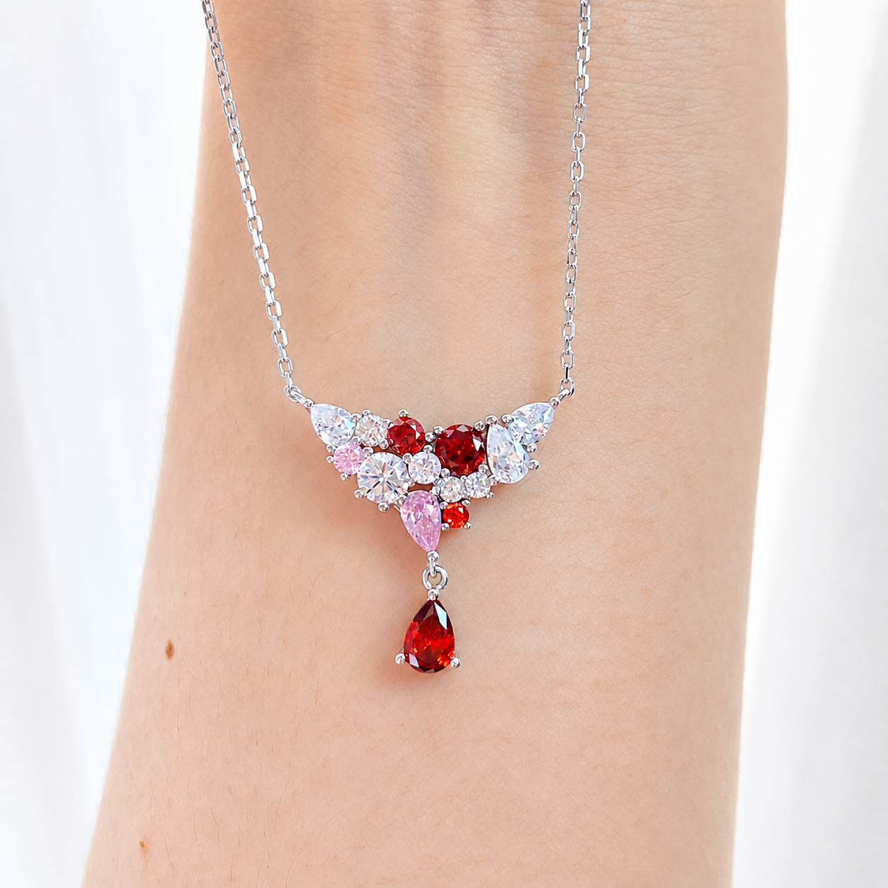 “Crimson Cascade” S925 Sterling Silver Multicolor Zircon Pendant Necklace