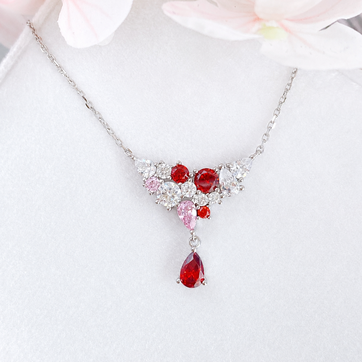 “Crimson Cascade” S925 Sterling Silver Multicolor Zircon Pendant Necklace