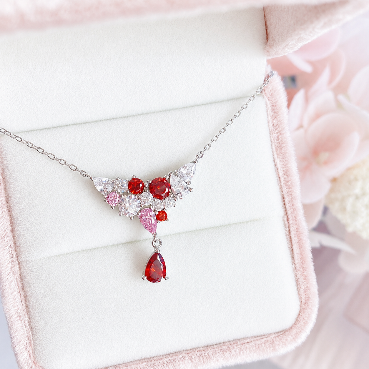 “Crimson Cascade” S925 Sterling Silver Multicolor Zircon Pendant Necklace
