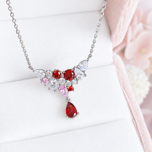 “Crimson Cascade” S925 Sterling Silver Multicolor Zircon Pendant Necklace
