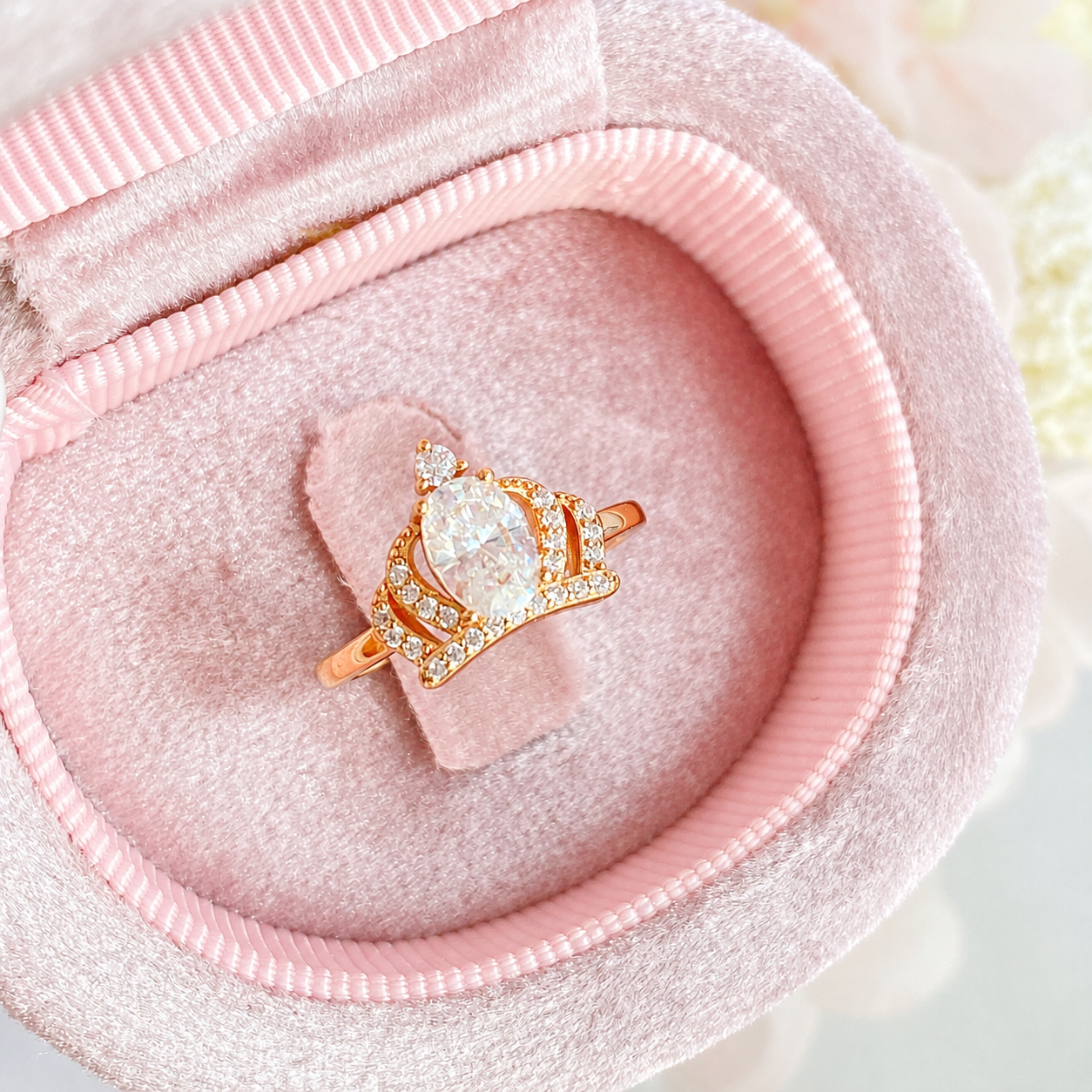 “Crown Radiance” Rose Gold Plated S925 Sterling Silver Oval Moissanite Ring