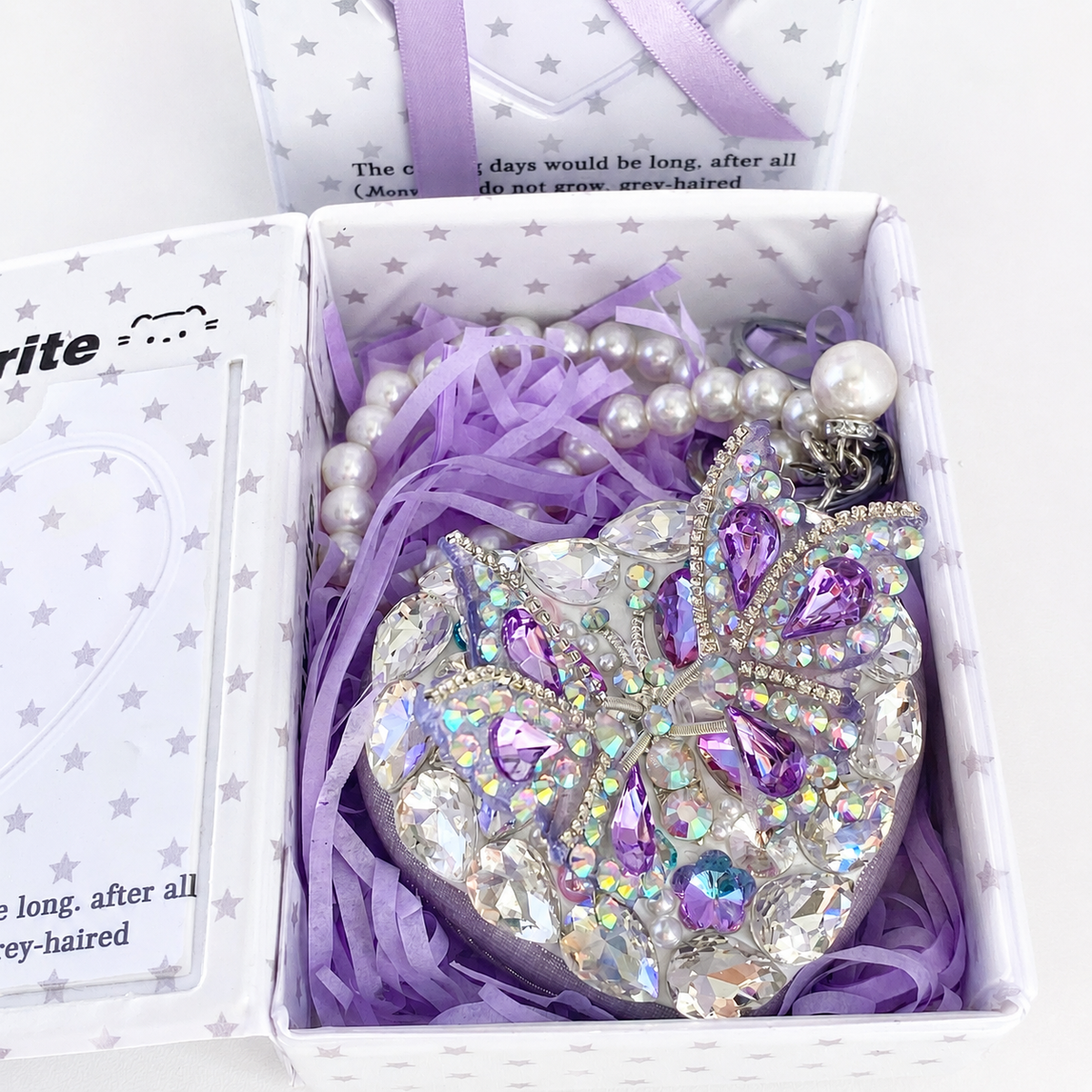 Crystal Butterfly Heart Compact Mirror Keychain & Bag Charm