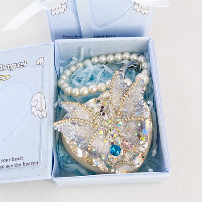 Crystal Butterfly Heart Compact Mirror Keychain & Bag Charm