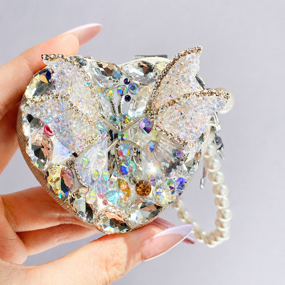 Crystal Butterfly Heart Compact Mirror Keychain & Bag Charm