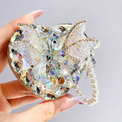 Crystal Butterfly Heart Compact Mirror Keychain & Bag Charm