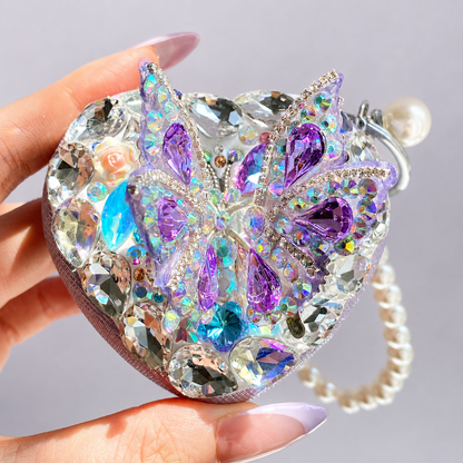 Crystal Butterfly Heart Compact Mirror Keychain & Bag Charm