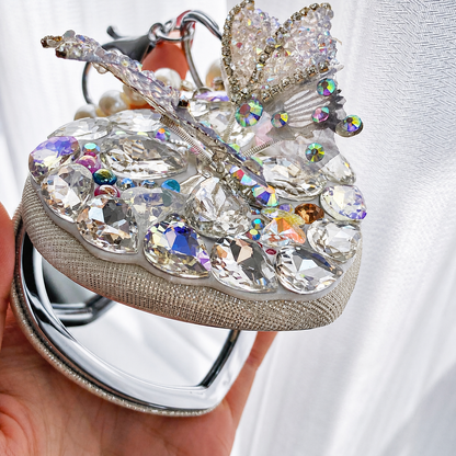 Crystal Butterfly Heart Compact Mirror Keychain & Bag Charm