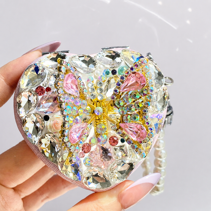 Crystal Butterfly Heart Compact Mirror Keychain & Bag Charm