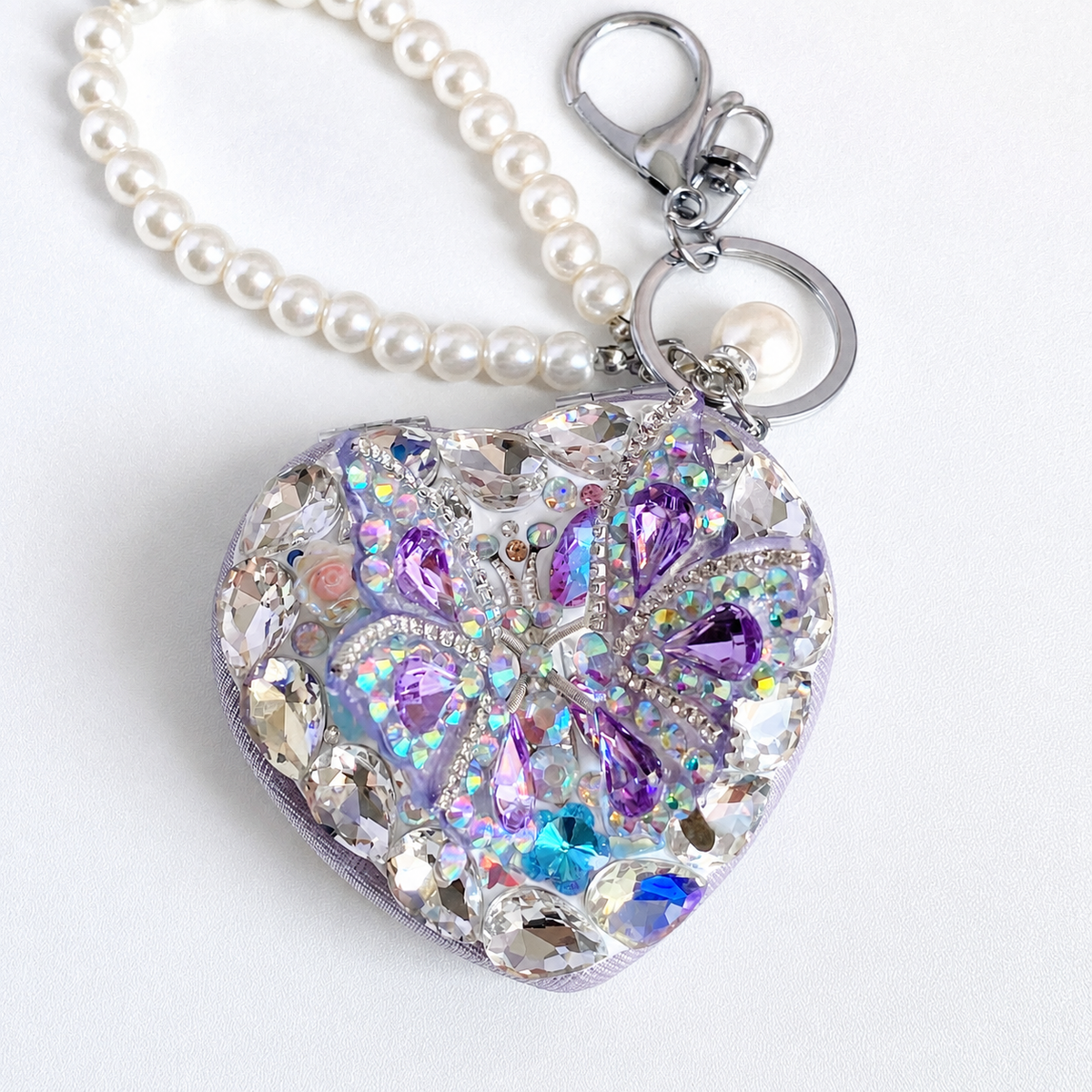 Crystal Butterfly Heart Compact Mirror Keychain & Bag Charm