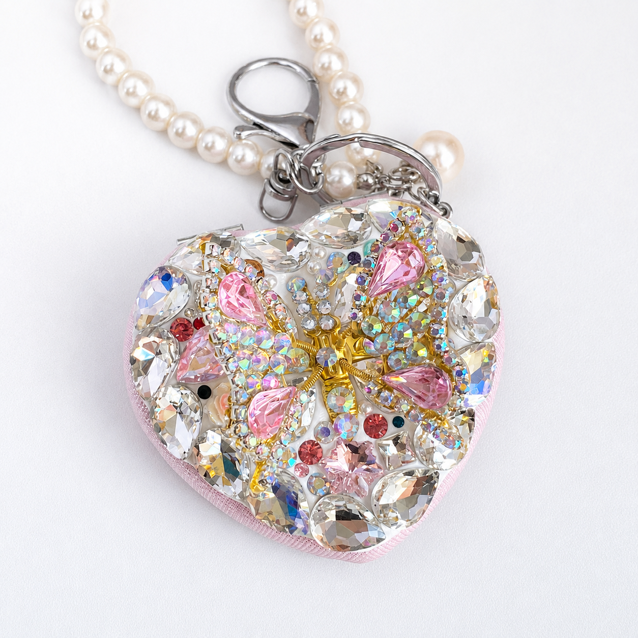 Crystal Butterfly Heart Compact Mirror Keychain & Bag Charm