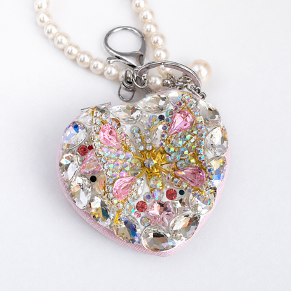 Crystal Butterfly Heart Compact Mirror Keychain & Bag Charm